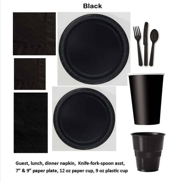 black and white paper plates and napkins