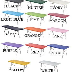 May include: A set of 12 tablecloths in various colors, including black, hunter green, ivory, light blue, lime green, maroon, navy blue, orange, pink, purple, red, royal blue, yellow, and white.