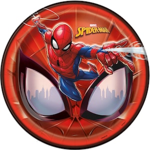 May include: Red and blue Spider-Man paper plate with a cityscape in the background. The plate features the Marvel logo and the words "Spider-Man".