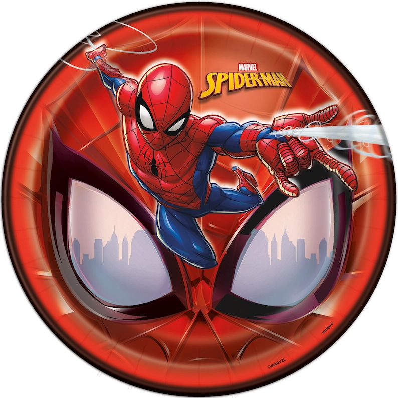 May include: Red and blue Spider-Man paper plate with a cityscape in the background. The plate features the Marvel logo and the words "Spider-Man".