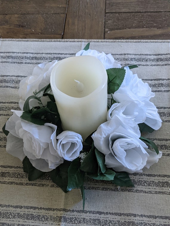 White rose flower and AB bead candle ring wedding /christmas and home decor 