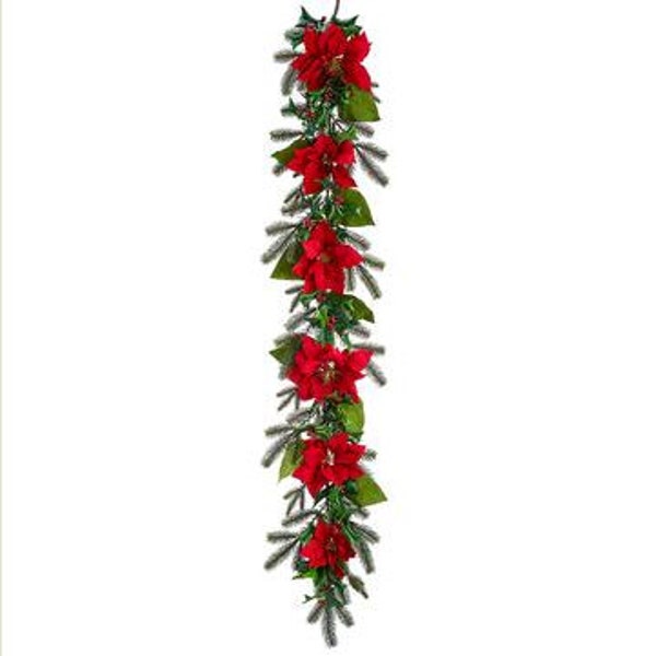 6ft Poinsettia garland with holly and pine, red velvet poinsettia garland, christmas garland, mantle garland decor, poinsettia christmas