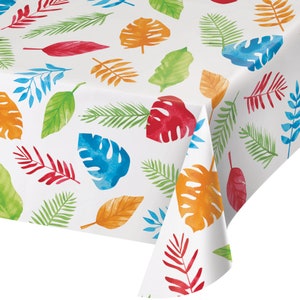 Colorful tropical leaves table cloth, safari birthday, safari baby shower, safari party supplies, sloth party, dinosaur party, luau birthday