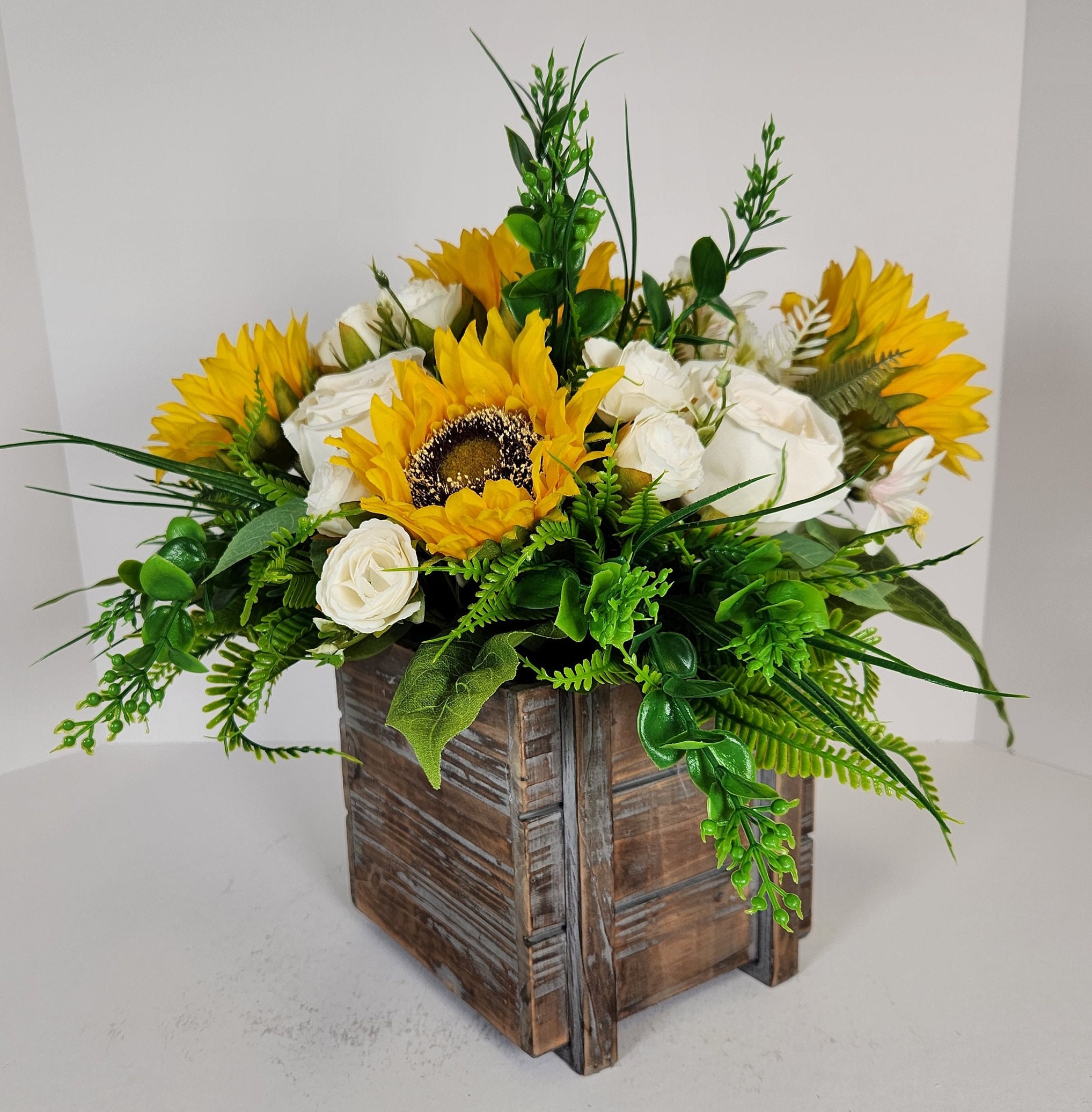 Sunflower And Ivory Rose Centerpiece