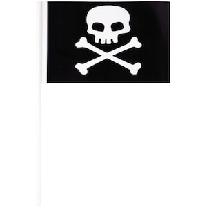May include: A black pirate flag with a white skull and crossbones design.
