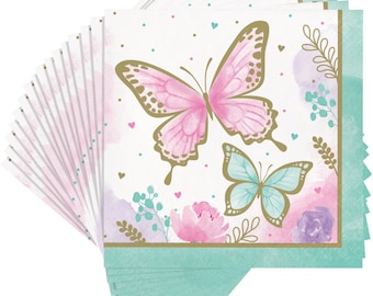 Butterfly party paper napkins 16ct, butterfly shimmer, pink and purple birthday, toddler party