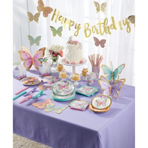 Butterfly Happy birthday banner, butterfly shimmer party supplies, pink and purple birthday, toddler birthday party, butterfly birthday