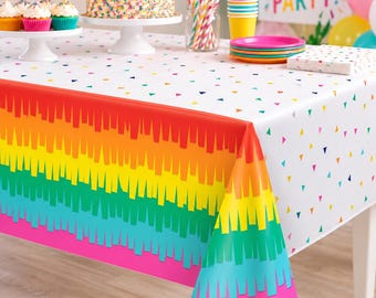 Rainbow Piñata Tablecloth 54" x 102", Confetti Plastic Table Cover, Colorful Birthday Party Decorations, Fiesta Party Tablecloth