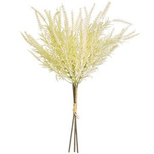May include: A bunch of artificial white lavender stems with green leaves. The stems are tied together with twine.