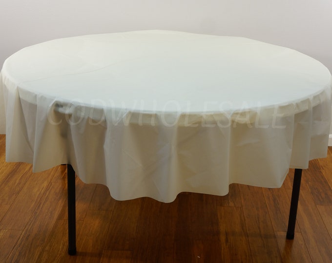Ivory/off white round 84 inch plastic table cover, party tablecloths, plastic table cover, wedding tablecloth, off white plastic table cloth