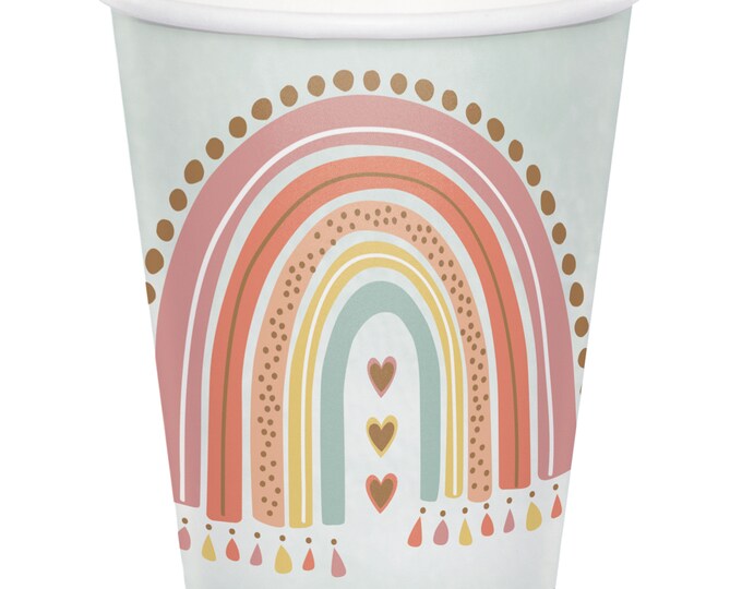 Boho rainbow paper cups, hearts and rainbow cups, rainbow party supplies, first birthday party, rainbow baby, paper party cups