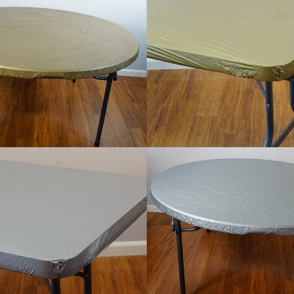 Metallic Kwik covers plastic fitted stretchable tablecloths, fitted tablecloths, elastic tablecloths, huggable metallic tablecloth