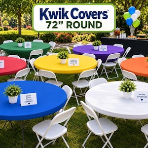 May include: A collection of 72-inch round Kwik Covers fitted tablecloths in various solid colors including red, blue, yellow, green, purple, and white, each paired with white folding chairs and a small potted plant centerpiece on a grassy lawn.