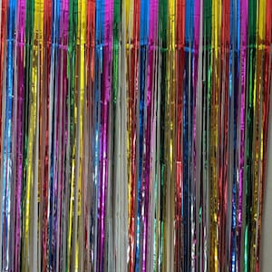 Rainbow multi colored metallic Fringe curtain panel. circus theme party backdrop, Sparkle Foil , rainbow photo backdrop