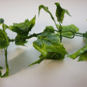 May include: Artificial green vine garland with detailed leaves. The leaves have a realistic appearance with variations in color, including shades of green and yellow. The garland is designed for decorative purposes.