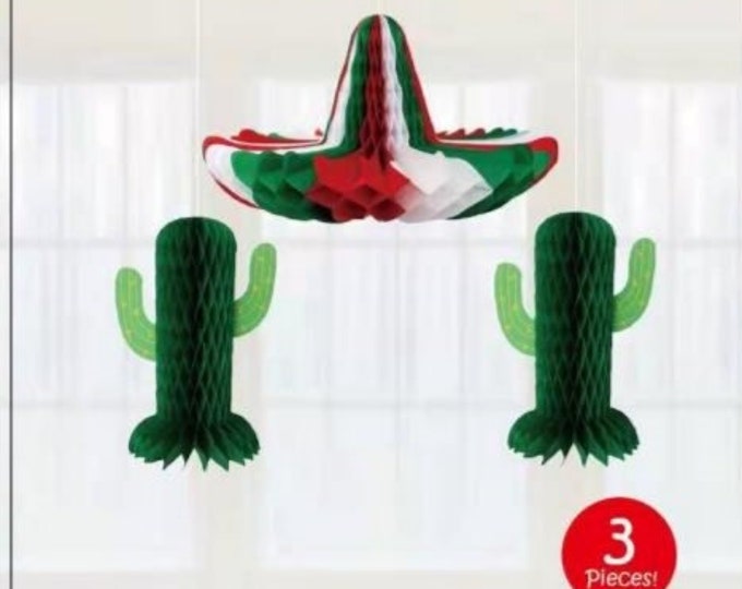 3 piece Mexican sombrero and cacuts honeycomb decorations, mexican fiesta party decorations, cactus party decor