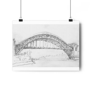 May include: A black and white pencil sketch of a bridge with a single arch. The bridge is drawn in a simple style, with the focus on the structure of the arch.