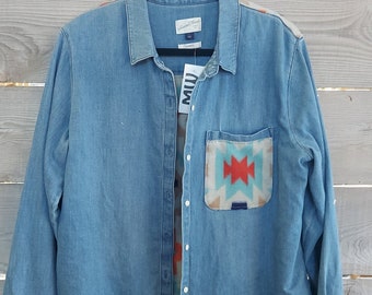 Jean shirt with aztec fleece accents (L)