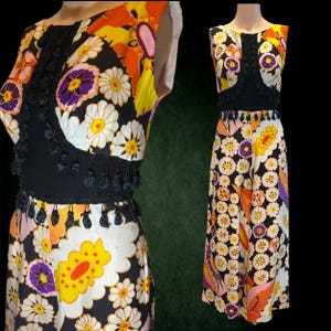 1960&#39;s Sleeveless Boho Hippie Oversized Floral Print Wide Leg Jumpsuit | 34 Inch Bust