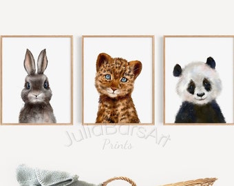Panda, Tiger, Rabbit Printable Art, Cute Bunny Nursery Prints, Set of 3 Baby Animals, Woodland Forest Animals Wall Art, Kids Room