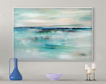 Abstract Seascape Art, Coastal Art Print, Beige, Blue Ocean Beach Painting, Nautical Canvas, Water Artwork, Modern Wall Art, Wall Décor