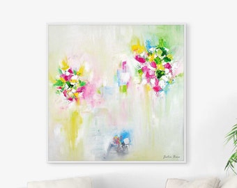 Abstract Floral Art Print, Flower Painting, White, Pink, Green, Yellow, Blue Large Canvas, Colorful Modern Wall Art,  Unique Artwork, Square