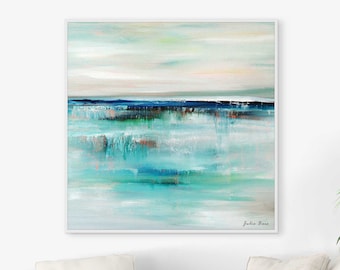 Abstract Coastal Art Print, Large Nautical Painting, Seascape, Ocean Beach Wall Art, Gray, Blue Square Canvas, Modern Art, Original, Giclée