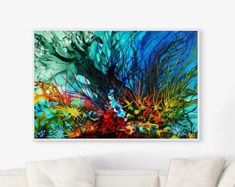 Underwater Life Fantasy Painitng Print, Abstract Sea Ocean Coral Reef Art, Large Canvas Giclee, Original Seascape Coastal Wall Art Blue Red