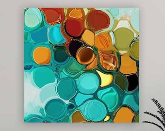 Teal Orange Abstract Art Print on Canvas, Colorful, Blue, Green Wall Art, Modern Fluid Painting, Large Artwork, Living Room, Office Decor