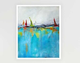 Printable Yacht Painting, Nautical, Coastal Wall Art, Abstract Seascape Art Print, Blue Red Green Sea Boat, Ocean, Instant Download Gift