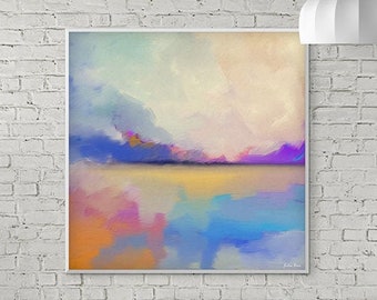 Abstract Landscape Art Print, Dreamy Seascape Wall Art, Blue, Purple, Yellow Clouds and Sky Artwork, Modern Square Canvas Art