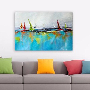 May include: Abstract painting of sailboats on a turquoise blue water surface with a white and gray sky. The sailboats are red, green, orange, and white.