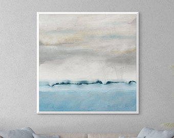 Abstract Coastal Art Print, Ocean Beach, Waterfront Painting, Blue, Gray Seascape, Large Canvas Art, Nautical, Modern Square Artwork