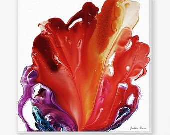 Abstract Floral Painting Print, Large Tropical Flower, Exotic Botanical Modern Canvas Art, Red Orange Purple Artwork, Fluid Wall Art, Giclee