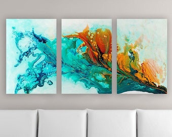 Large Abstract Triptych Art Print, Three Panel Wall Art, Teal, Blue, Orange Painting, Giclée Print, 30x60 Canvas, Modern Artwork, Wall Décor