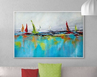 Abstract Seascape Art Print, Yacht Painting, Sailboats Art, Coastal Wall Art, Blue, Green, Red Ocean Painting, Original Artwork on Canvas