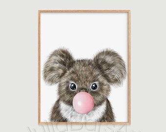 Koala Print, Printable Baby Koala with Bubble Gum Portrait, Cute Koala Nursery Printable, Kids Wall Art, Woodland Animals Instant Download