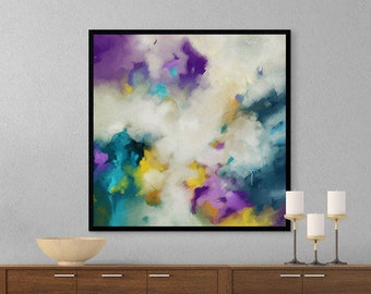 Large Abstract Art Print on Canvas, Mystic Clouds, Cloudy Sky Painting, Purple Teal Yellow Modern Wall Art, Living Room, Bedroom