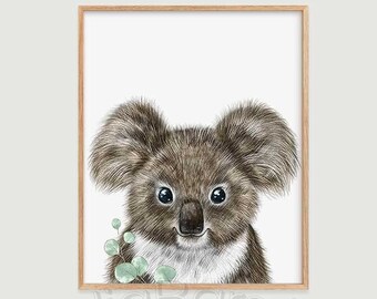 Koalaprint, afdrukbaar portret babykoala, aquarel kinderkamerdier, kinderkunst aan de muur