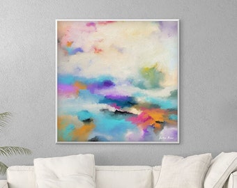 Abstract Art Print, Sky, Clouds, Blue, Orange, Purple, Pink, Modern Wall Art on Canvas, Original Artwork,  Contemporary Square Painting