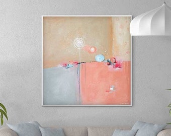 Abstract Whimsical Art Print, Blue, Pink, Beige Art Print on Canvas, Large Original Modern Artwork, Contemporary Square Painting, Giclée