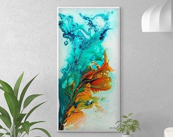 Teal Orange Abstract Painting, Large Fluid Art Print Canvas or Paper, Vertical Wall Art, Unique Modern Original Colorful Artwork
