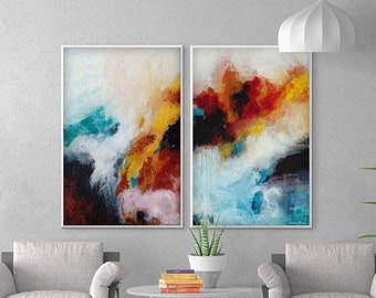 Large Abstract Art Print, Set of Two Prints Paintings, Blue, Black, Red, Yellow Wall Art, Huge Canvas, Modern Artwork, Vertical Original Art