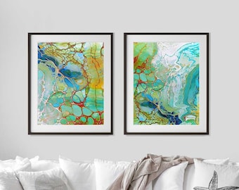 Printable Coastal Painting, Abstract Art Prints, Set of Two, Sea, Ocean, Water Wall Art, Fluid Art, Teal, Blue, Aqua Green, Orange