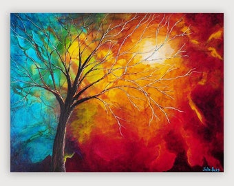 Abstract Sunset Art Print, Tree Artwork, Teal, Red, Blue, Orange Wall Art, Sky, Clouds, Large Modern Canvas Art from Original Painting