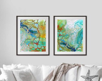 Abstract Coastal Wall Art, Set of 2 Art Prints, Nautical Wall Decor, Sea Foam Green Blue Orange Turquoise Ocean Artwork on Canvas or Paper