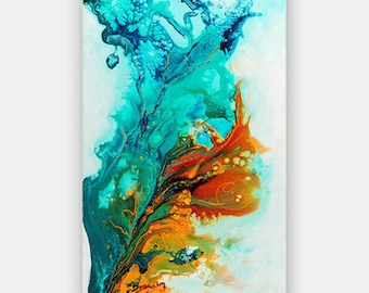 Teal Orange Abstract Art Print, Colorful Modern Fluid Artwork, Canvas Wall Art