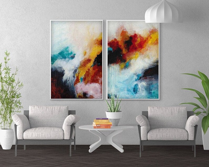 Large Abstract Art Print, Set of Two, Blue Black Red Wall Art on Canvas ...
