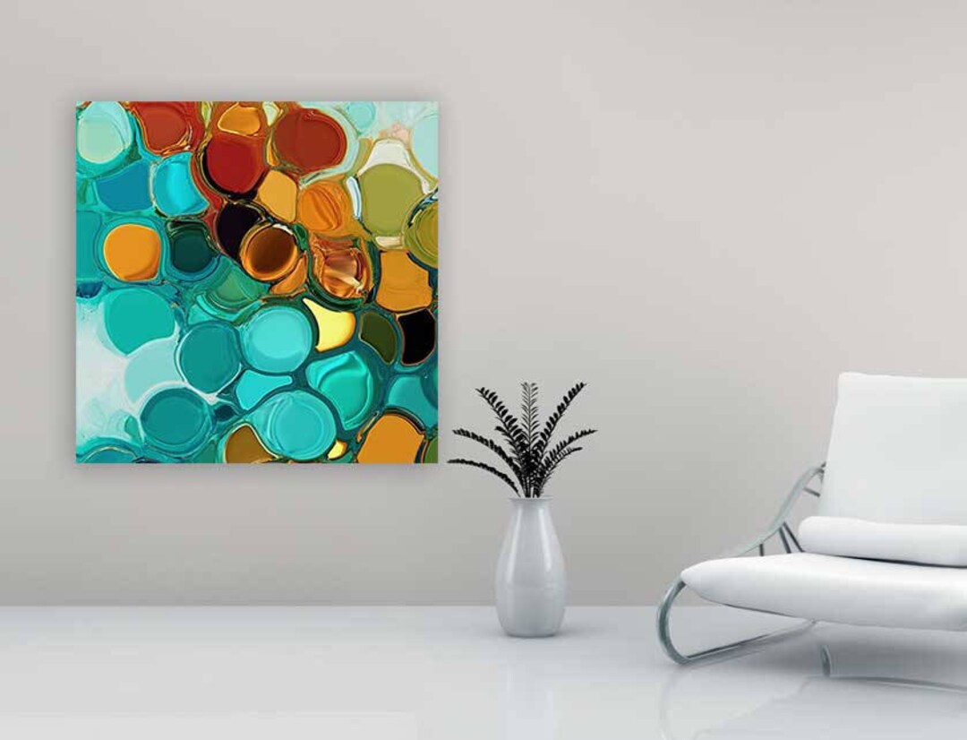 Teal Orange Abstract Art Print on Canvas, Colorful, Blue, Green Wall