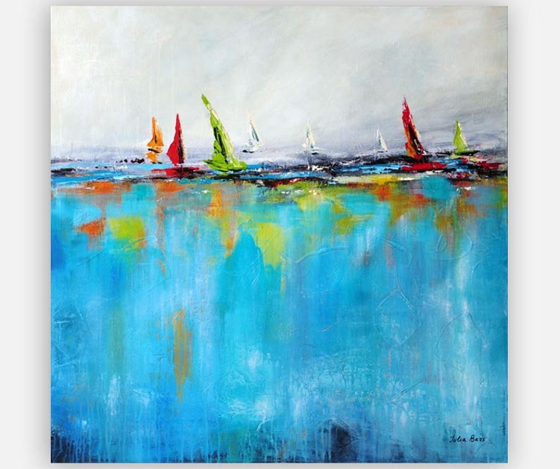 Abstract Yacht Boat Painting Seascape Canvas Art Print Blue Etsy